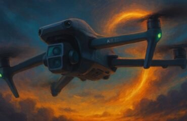 Air3S Imagem surrealista do DJI Air 3S voando sobre linhas de luz e nuvens douradas, representando equilíbrio entre tecnologia e emoção