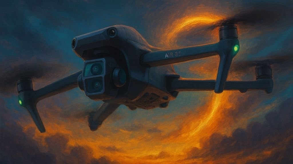 Imagem surrealista do DJI Air 3S voando sobre linhas de luz e nuvens douradas, representando equilíbrio entre tecnologia e emoção