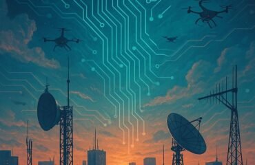 Imagem surrealista com antenas e radares integrados a nuvens em forma de circuitos digitais sobre uma cidade, representando segurança aérea e sistemas anti-drone.