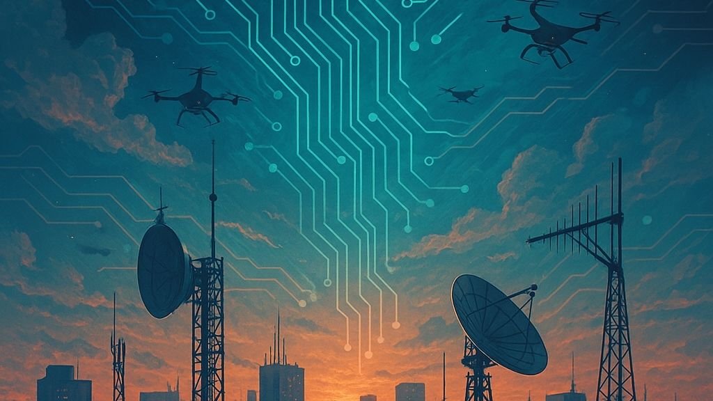 Imagem surrealista com antenas e radares integrados a nuvens em forma de circuitos digitais sobre uma cidade, representando segurança aérea e sistemas anti-drone.