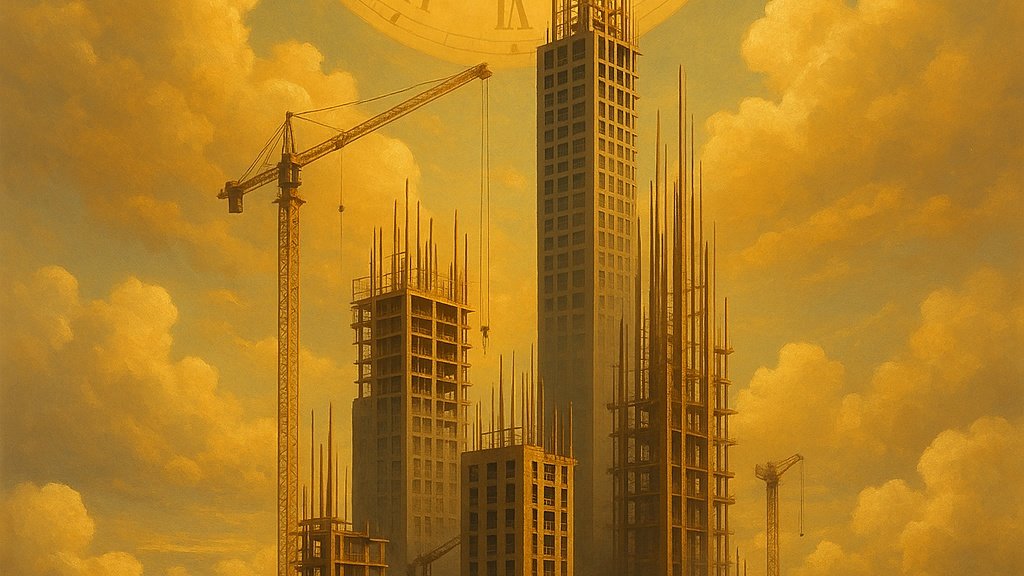 torres em construção com guindastes ao pôr do sol, representando o registro visual de obras