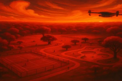 Vista aérea surrealista do Parque Ecológico de Campinas mostrando quadras esportivas, pista de skate e área de piqueniques sob luz suave ao entardecer.