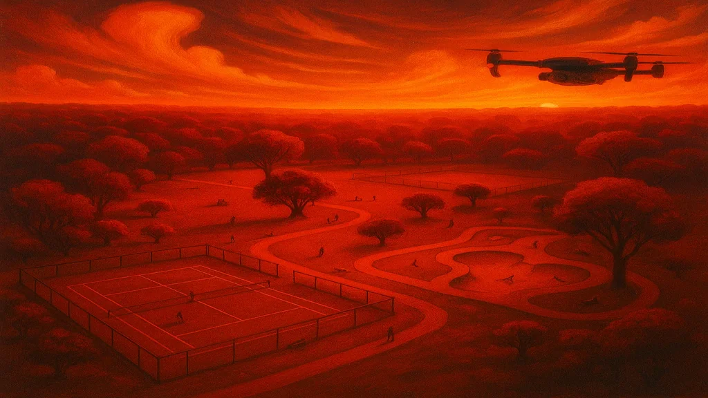 Vista aérea surrealista do Parque Ecológico de Campinas mostrando quadras esportivas, pista de skate e área de piqueniques sob luz suave ao entardecer.