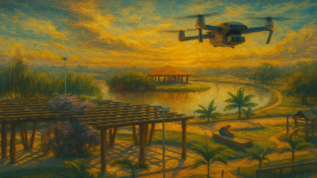 imagem surrealista aérea do Parque das Águas de Campinas, com lagoas espelhadas, vegetação exuberante e um drone sobrevoando o horizonte ao pôr do sol.