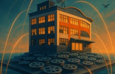 Produtora plataforma de ideias prédio com carretéis de filme e drone ao fundo, simbolizando uma produtora como plataforma de ideias