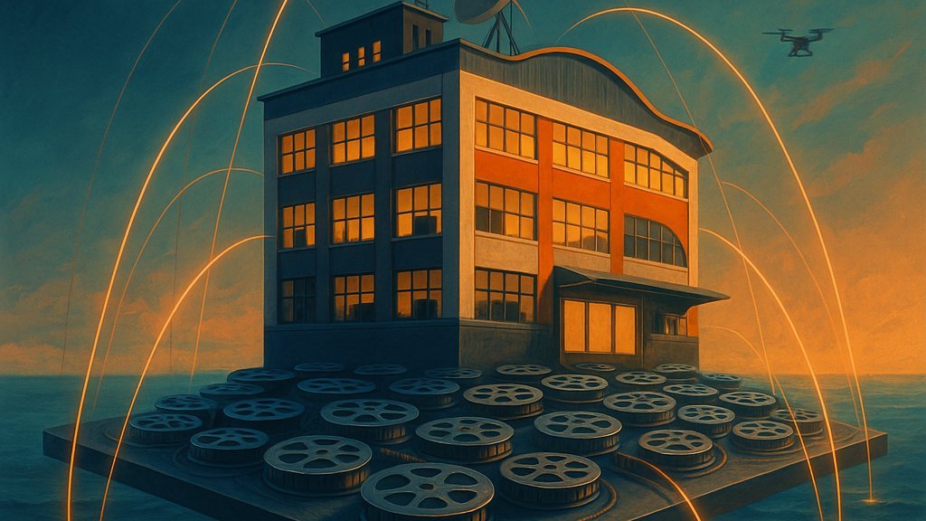 prédio com carretéis de filme e drone ao fundo, simbolizando uma produtora como plataforma de ideias