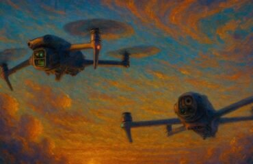 concept3 Dois drones DJI Mavic em voo sob um céu em tons de laranja e roxo, com toque surrealista e estilo Hangar 27