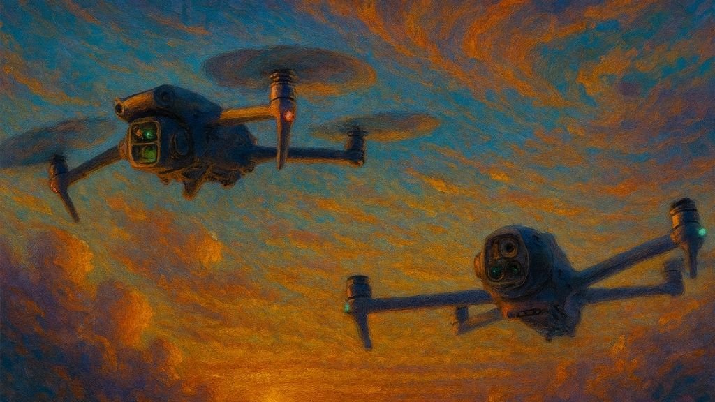 Dois drones DJI Mavic em voo sob um céu em tons de laranja e roxo, com toque surrealista e estilo Hangar 27