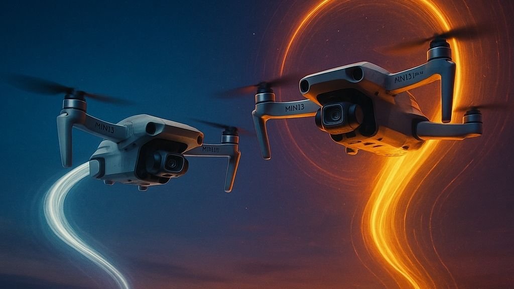 Comparativo surrealista DJI Mini 5 Pro vs Mini 4 Pro mostrando dois drones voando sobre luzes noturnas contrastando inovação e tradição.